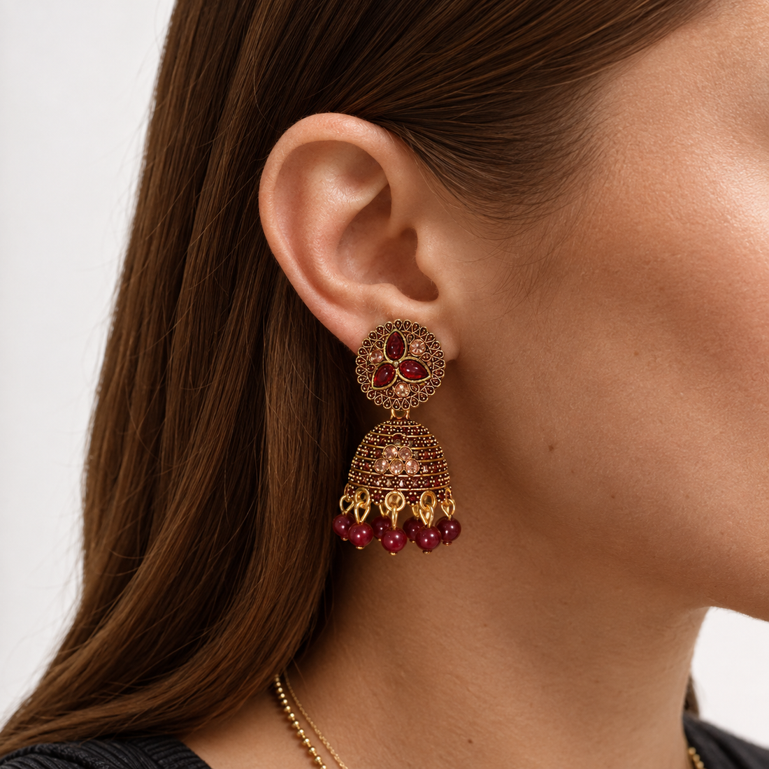 Gold-tone Jhumka, Maroon