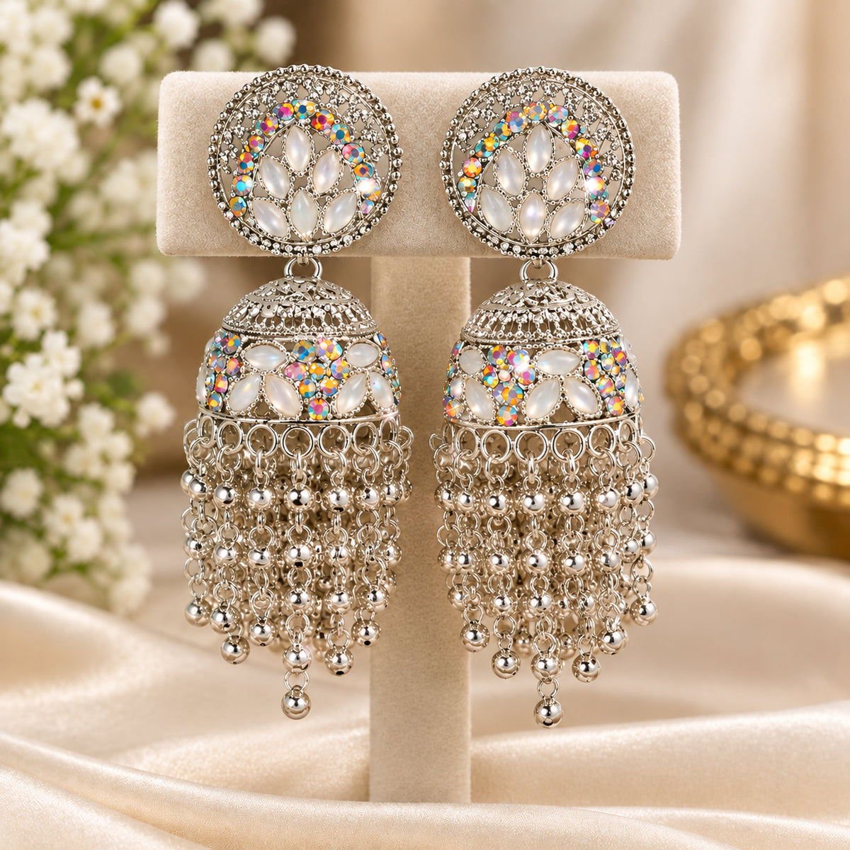 Oxidised Jhumka, Floral, dark-silver oxidised imitation jhumka earrings with a floral face
