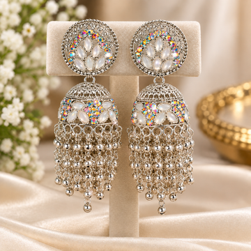 Oxidised Jhumka, Floral, dark-silver oxidised imitation jhumka earrings with a floral face