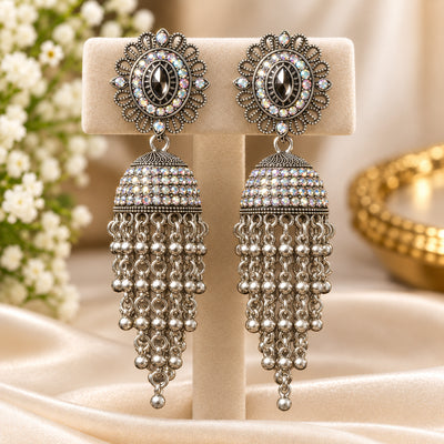 Oxidised Jhumka, Petal, oxidised imitation jhumka earrings with a petal face and white motif