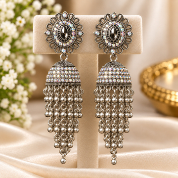 Oxidised Jhumka, Petal, oxidised imitation jhumka earrings with a petal face and white motif