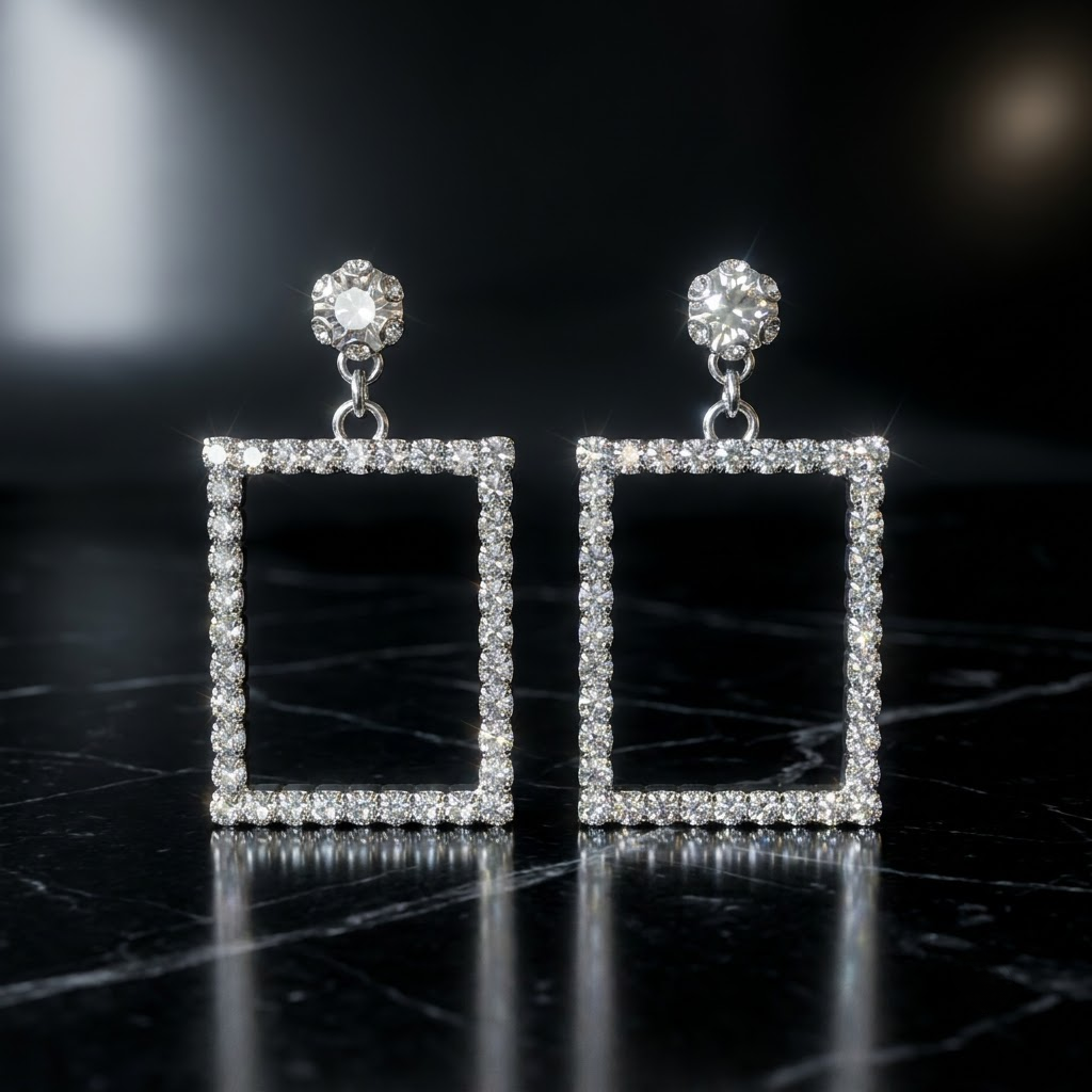 Rectangle Frame Drop Earrings, silver-tone imitation frame around a crystal