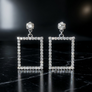 Rectangle Frame Drop Earrings, silver-tone imitation frame around a crystal
