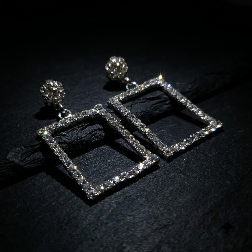 Rectangle Frame Drop Earrings, silver-tone imitation frame around a crystal, view 2 of 2