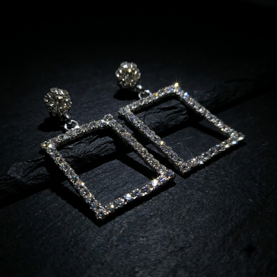 Rectangle Frame Drop Earrings, silver-tone imitation frame around a crystal, view 2 of 2