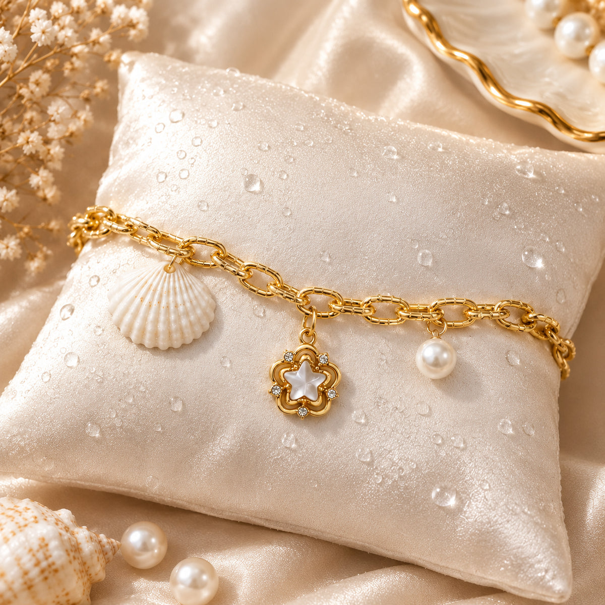 Seashell Charm Bracelet, pearl and shell charm on a gold-tone imitation chain, view 4 of 4