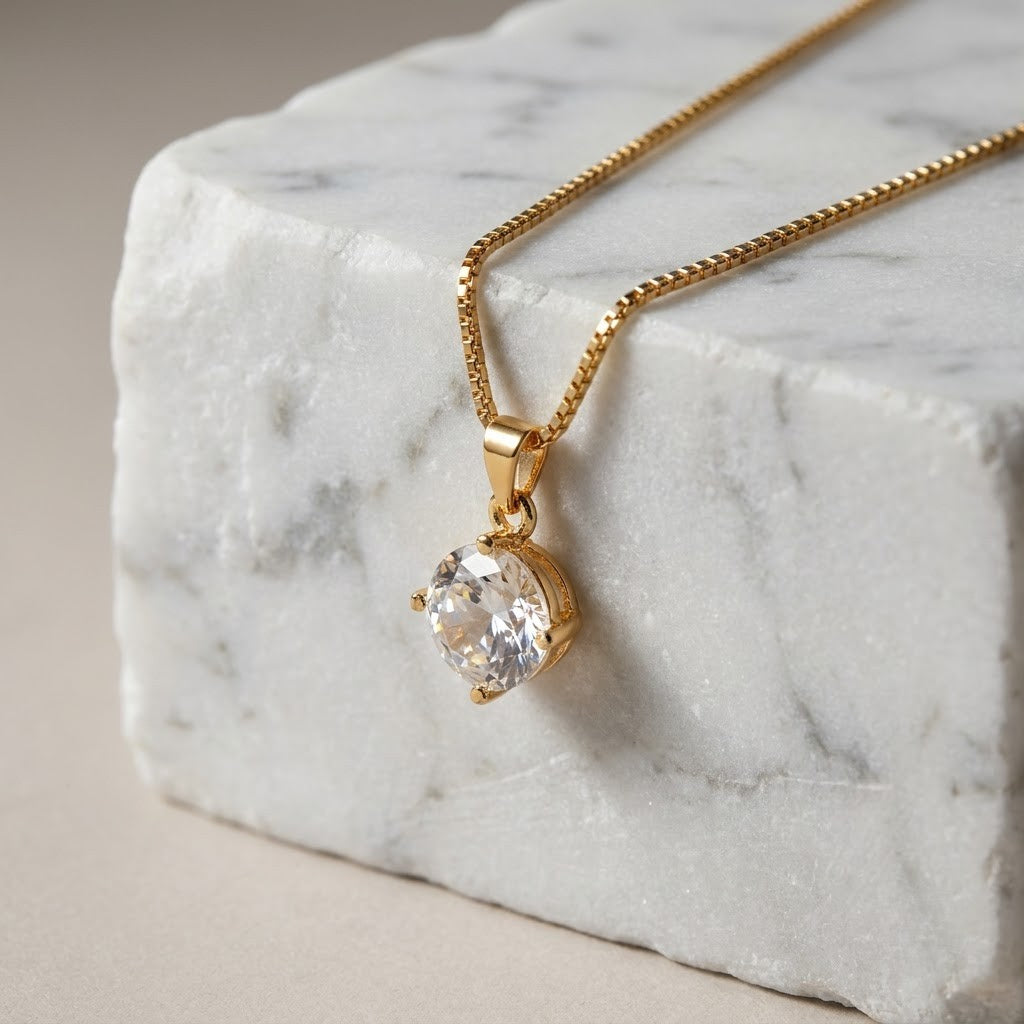Round Solitaire Pendant, round crystal on an imitation chain, view 3 of 8