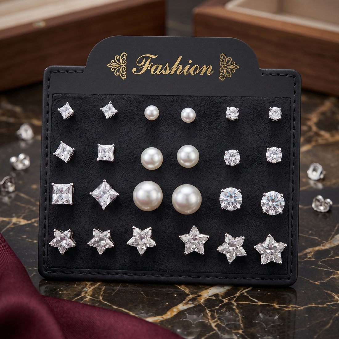 Crystal Stud Set, card of twelve pairs of imitation stud earrings, view 2 of 5