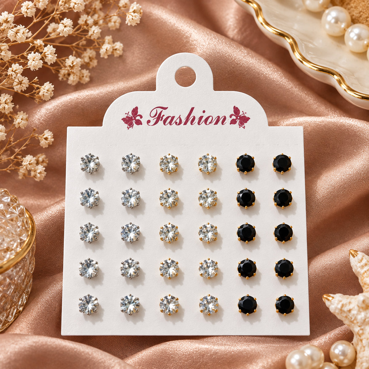 Crystal Stud Set, card of twelve pairs of imitation stud earrings, view 5 of 5