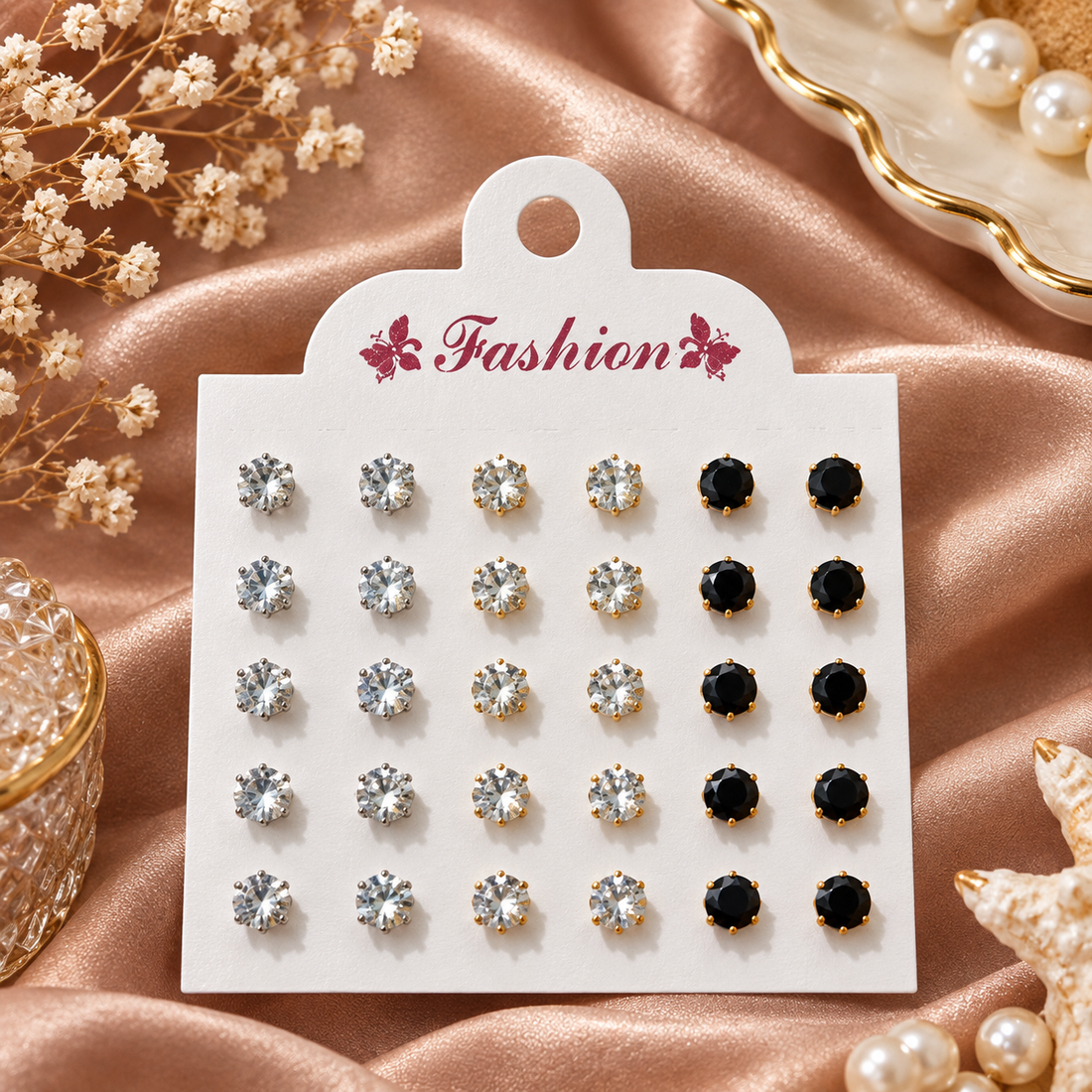 Crystal Stud Set, card of twelve pairs of imitation stud earrings, view 5 of 5