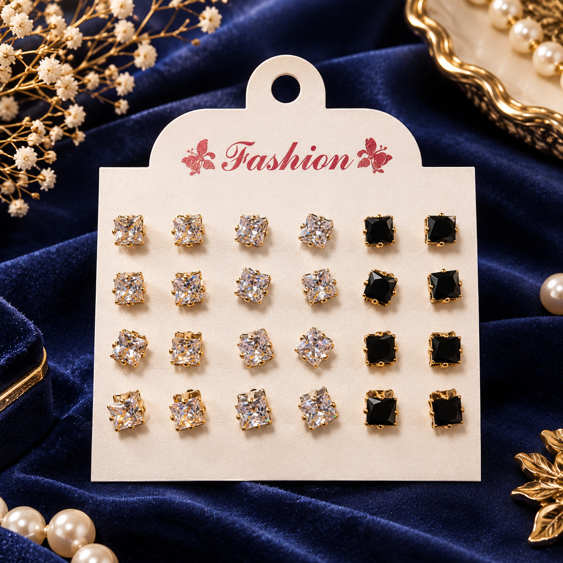 Crystal Stud Set, card of twelve pairs of imitation stud earrings, view 3 of 5