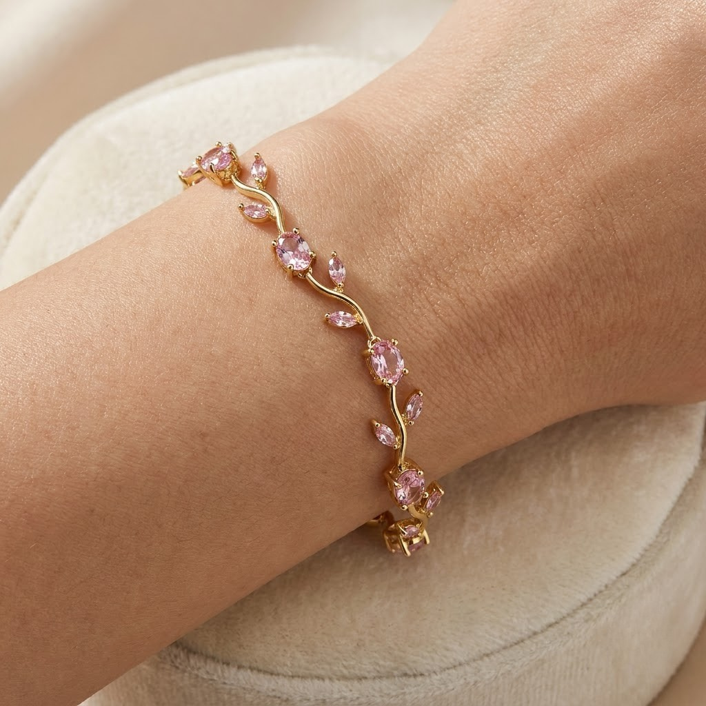 Tulip Bracelet, gold-tone imitation bracelet with crystal tulips on a chain, view 2 of 6