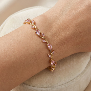 Tulip Bracelet, gold-tone imitation bracelet with crystal tulips on a chain, view 2 of 6