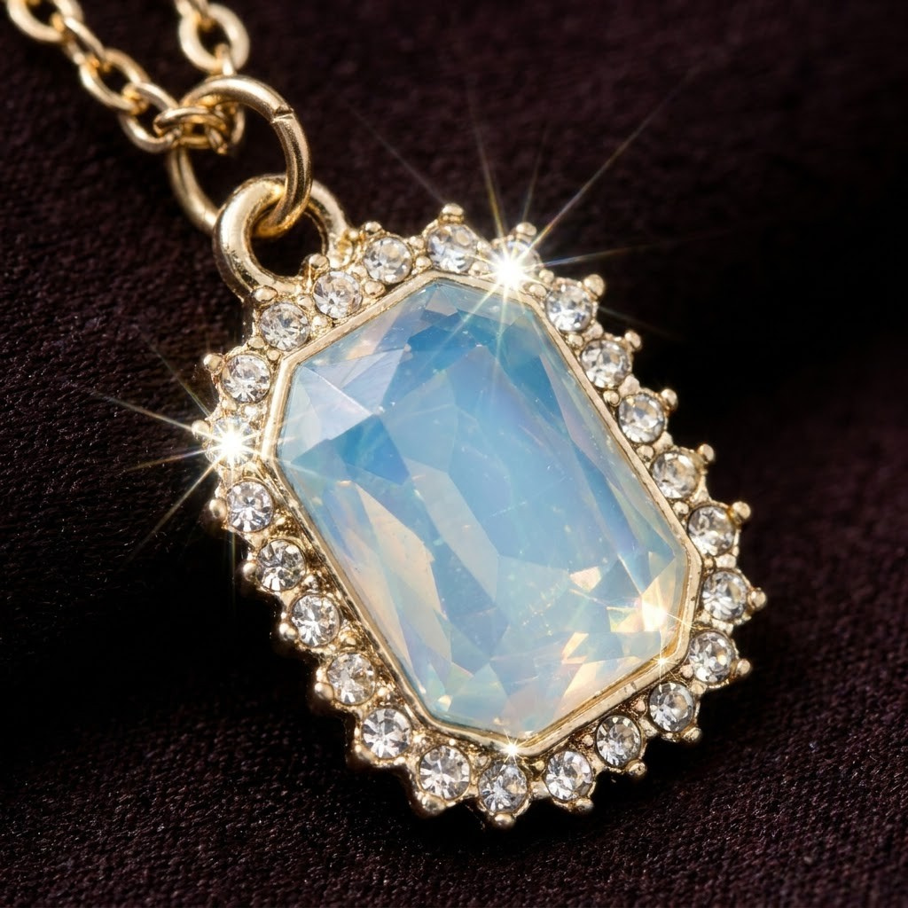 Crystal Halo Pendant, coloured crystal in a halo on an imitation chain, view 3 of 6