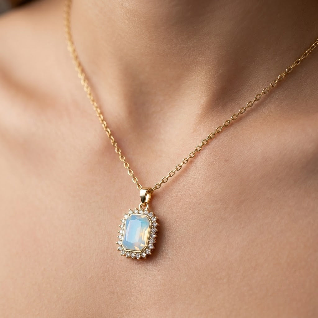 Crystal Halo Pendant, coloured crystal in a halo on an imitation chain, view 4 of 6