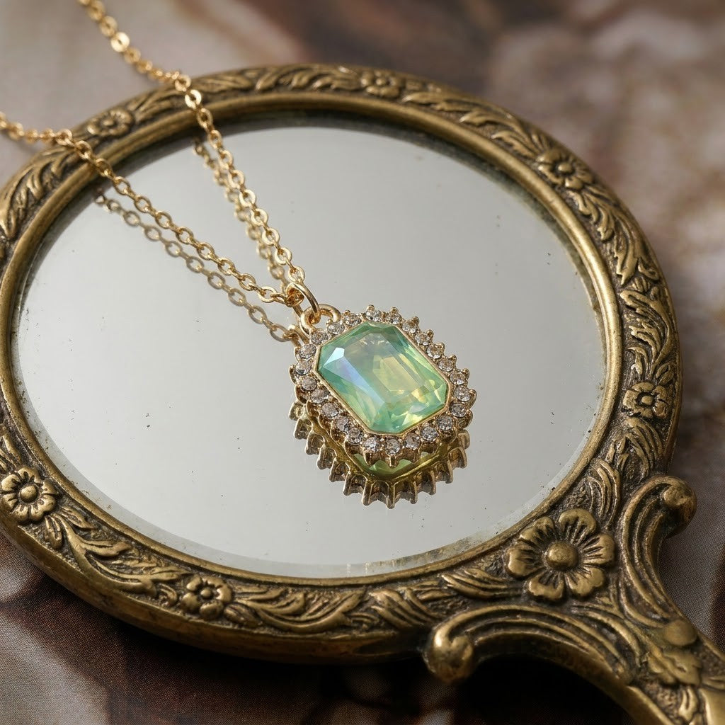 Crystal Halo Pendant, coloured crystal in a halo on an imitation chain, view 2 of 6