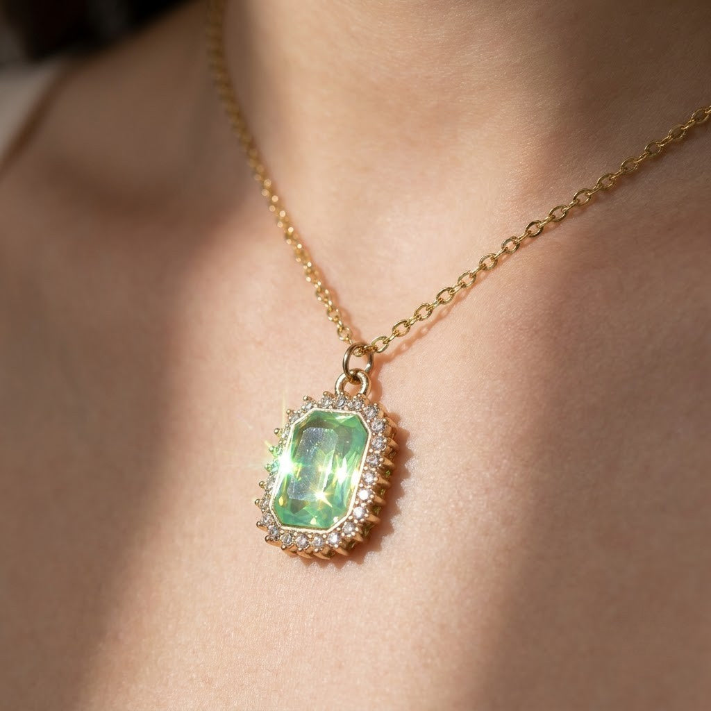 Crystal Halo Pendant, coloured crystal in a halo on an imitation chain, view 5 of 6