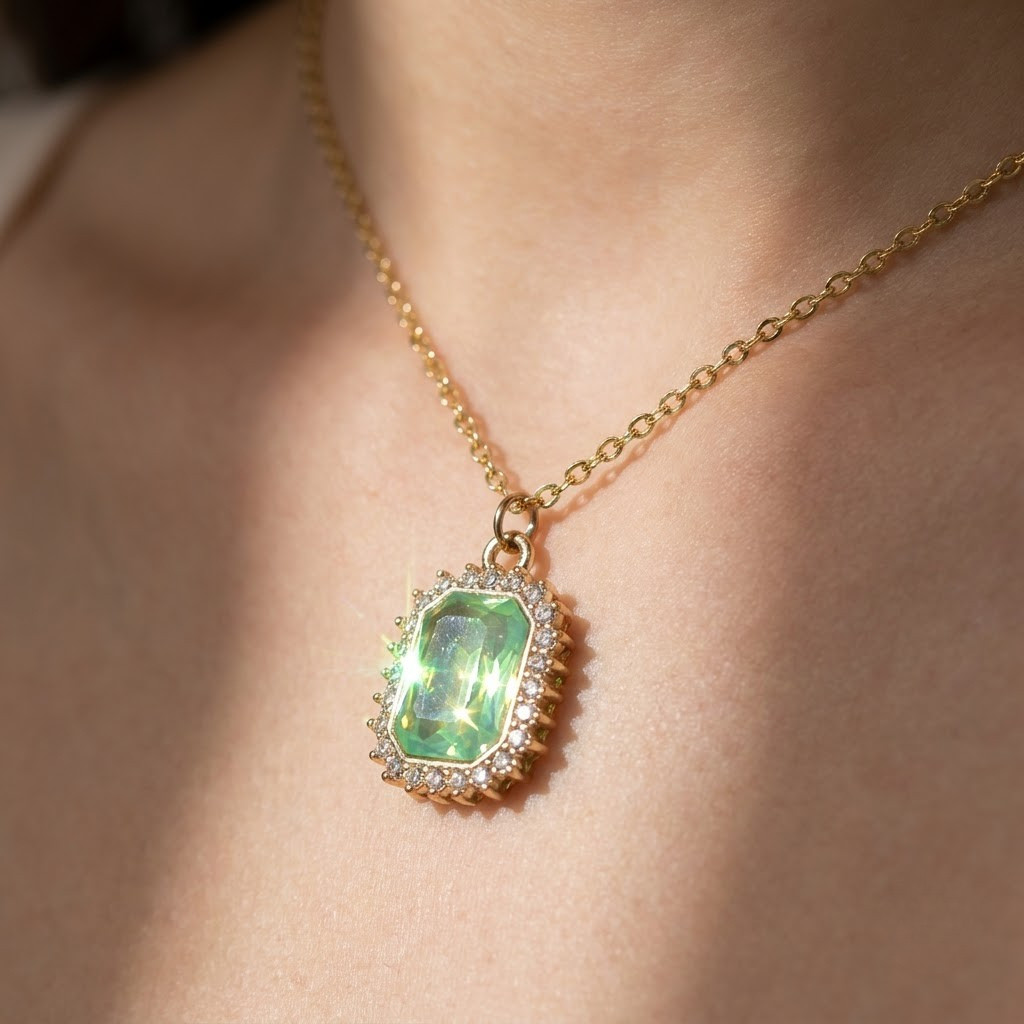 Crystal Halo Pendant, coloured crystal in a halo on an imitation chain, view 2 of 6