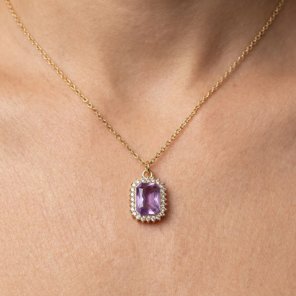 Crystal Halo Pendant, coloured crystal in a halo on an imitation chain, view 6 of 6