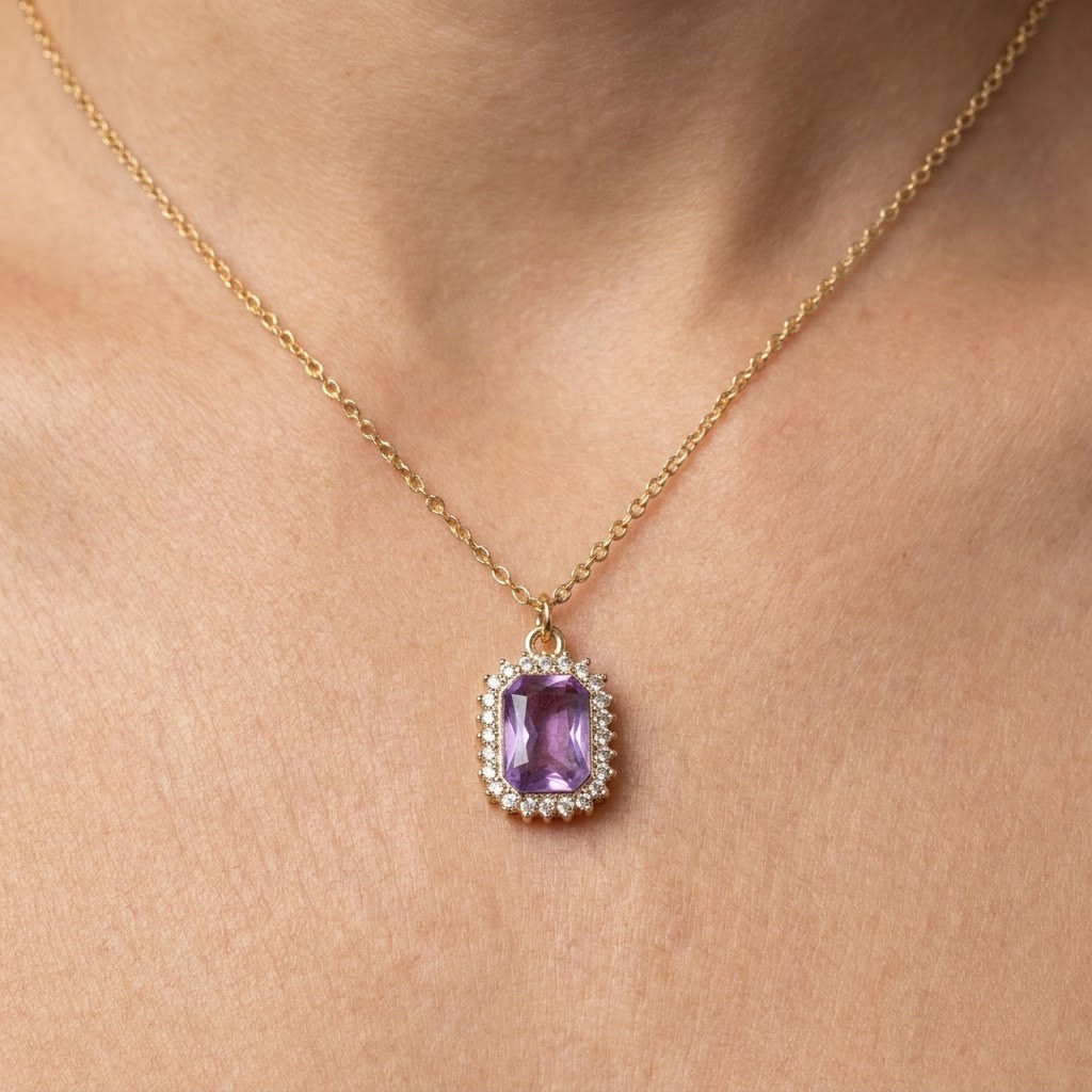 Crystal Halo Pendant, coloured crystal in a halo on an imitation chain