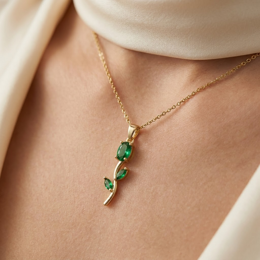 Tulip Necklace and Earrings, matching gold-tone imitation set with crystal tulips