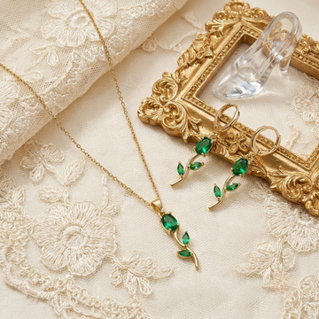 Tulip Necklace and Earrings, matching gold-tone imitation set with crystal tulips