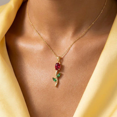 Tulip Necklace and Earrings, matching gold-tone imitation set with crystal tulips, view 6 of 9