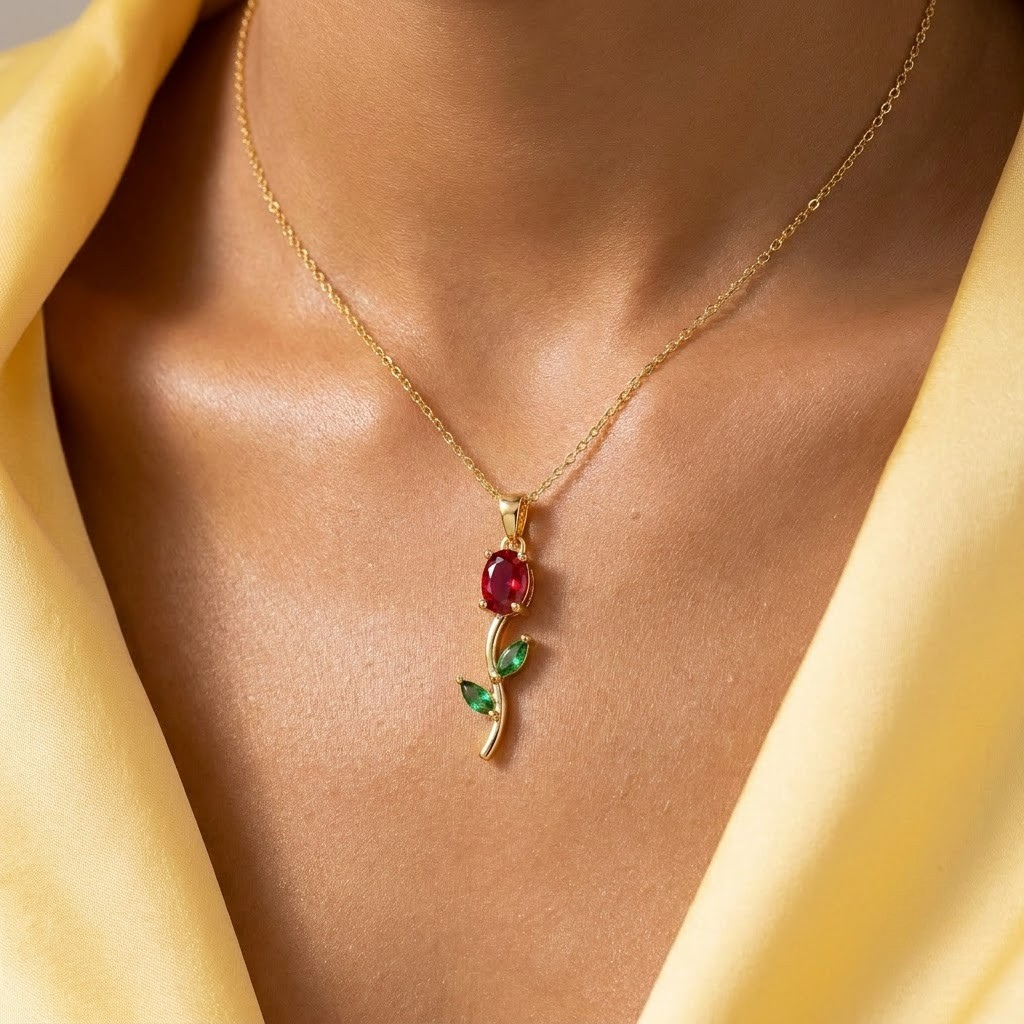 Tulip Necklace and Earrings, matching gold-tone imitation set with crystal tulips, view 3 of 9