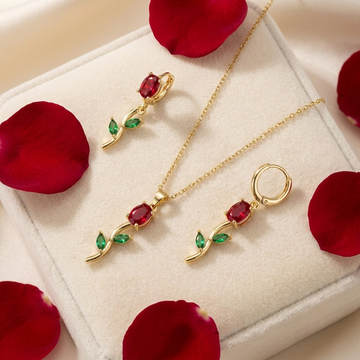 Tulip Necklace and Earrings, matching gold-tone imitation set with crystal tulips, view 3 of 9