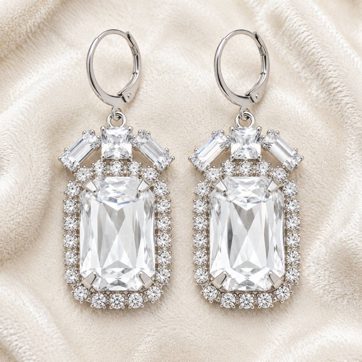 Emerald-Cut Drop Earrings, crystal drops cut like an emerald in imitation silver-tone