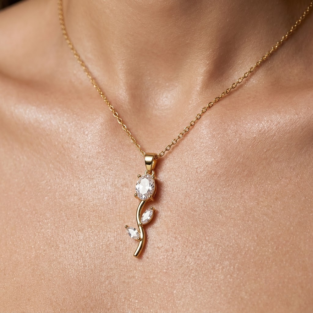 Tulip Necklace and Earrings, matching gold-tone imitation set with crystal tulips, view 2 of 9